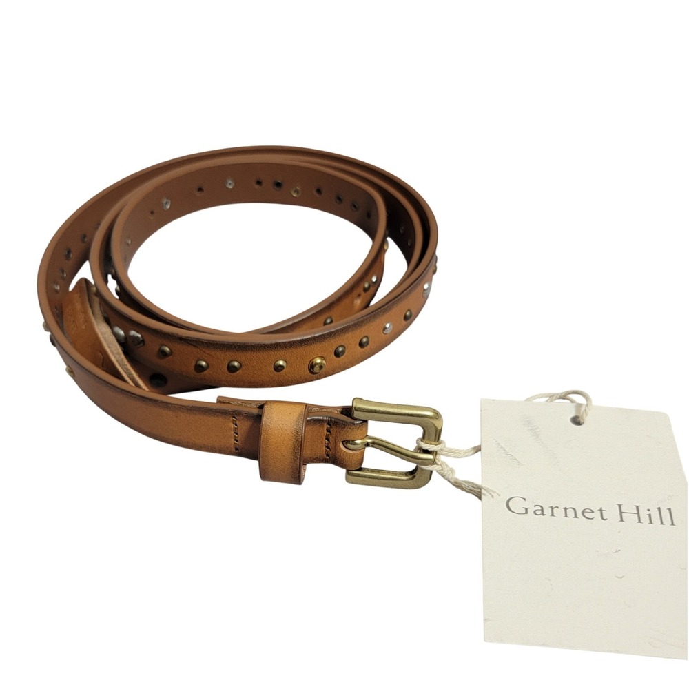 Garnet‎ Hill NWT Womens Tan Italian Leather Studded Skinny Belt Sz Large